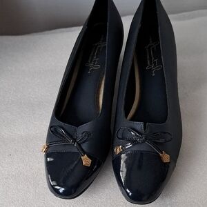 Hush Puppies Navy Patent Toe Bow Flats with Gold Accents